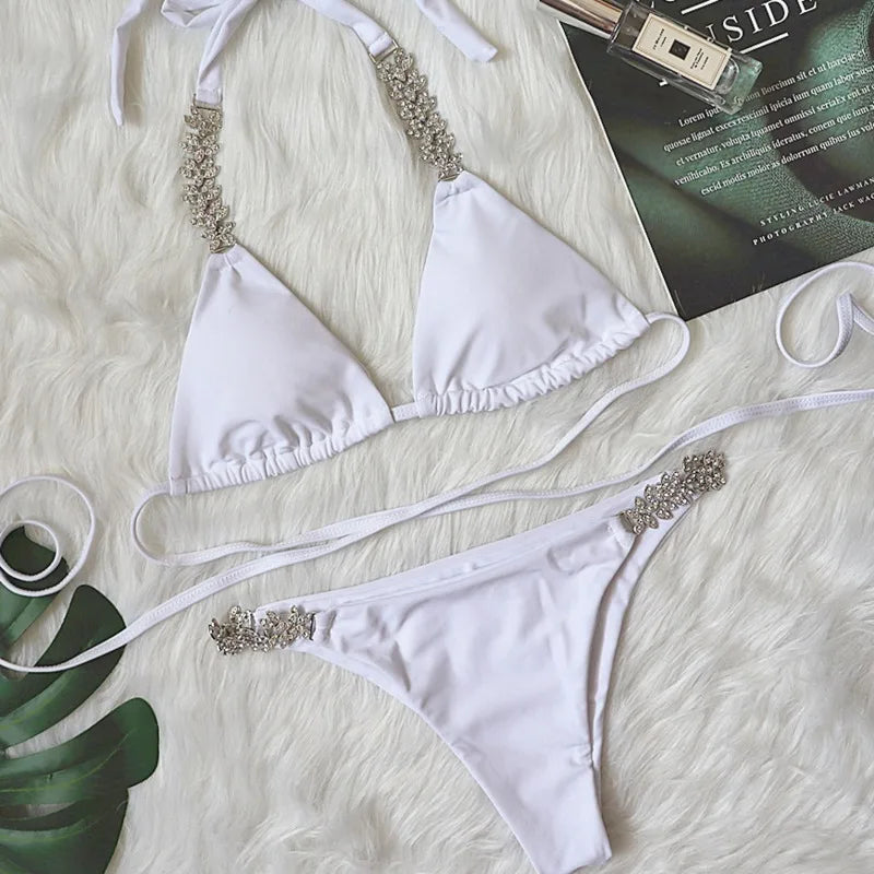 White Sexy Bikinis Swimsuit With Rhinestones Women Swimwear Female Push Up Bikini Beach Swim Wear Bathing Suit Pool Bather 2025 - Sun Studio