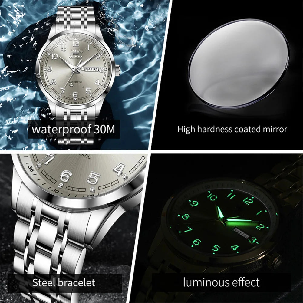 OLEVS Men Watches 7077 Luxury Fashion Top Brand Original Automatic Mechanical Watch for Man Double Scale Simple Trend Waterproof - Sun Studio