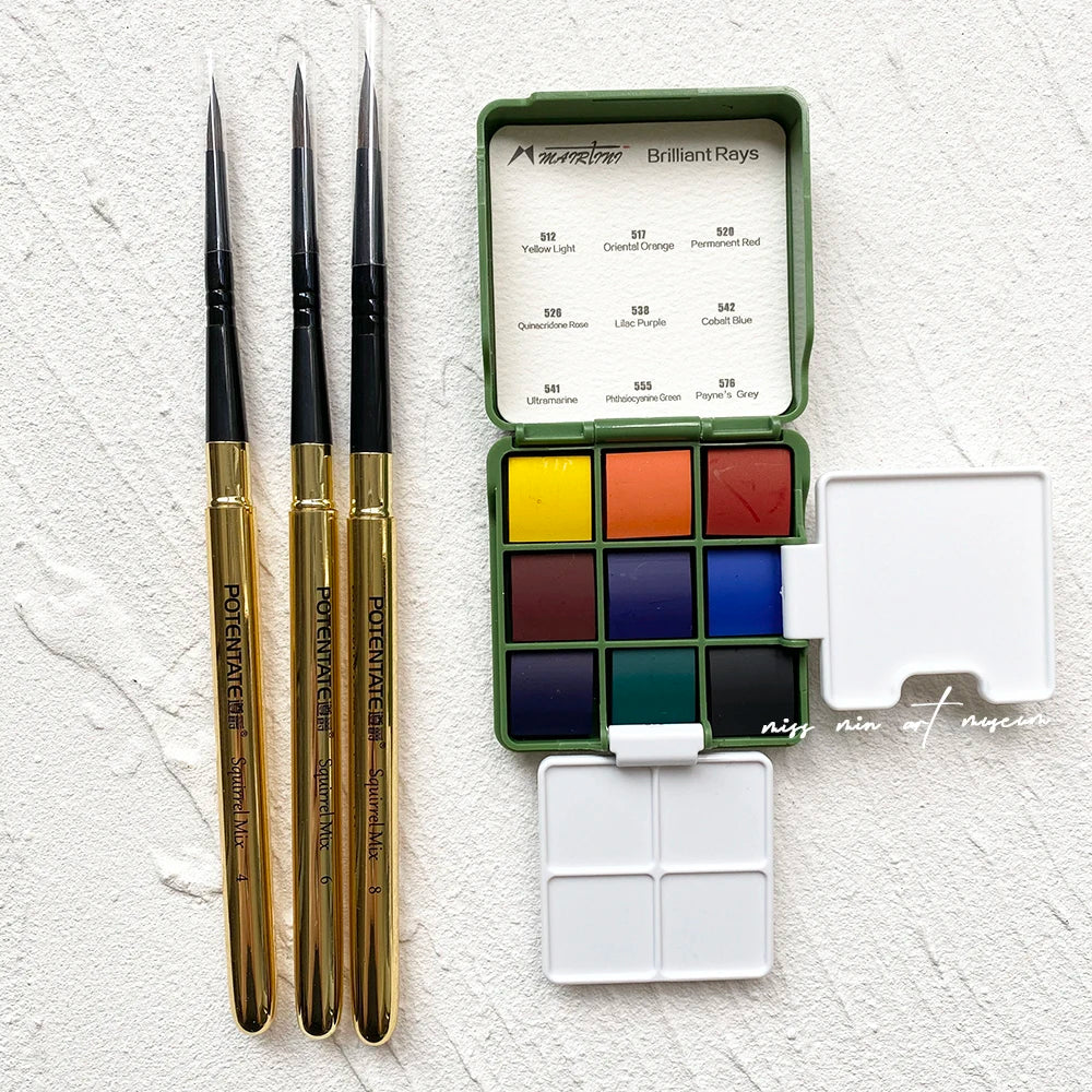 MAIRTINI Mini Travel Watercolor Set Solid Aquarell Paint 9 Colors Portable Palette Painting Tools with Brushes Art Supplies - Sun Studio