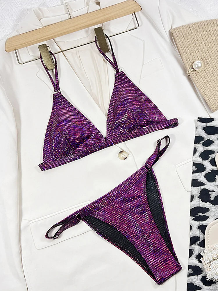 Gold glitter swimsuit women 2026 shiny two piece bikini sexy V-neck suspender swimwear high waist ackless bathing suit XMC185W - Sun Studio
