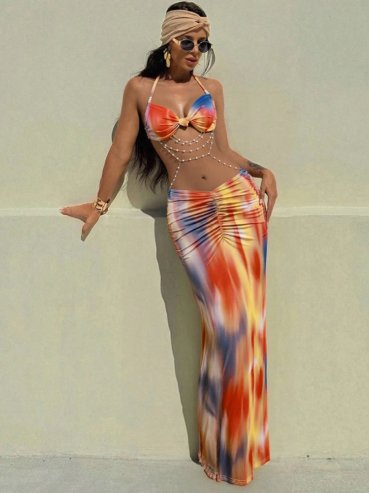 kliou Pearl Splice Stunning Dresses Women Sexy Tie Dye Tassel Bandage Hollow Shirring Maxi Bodycon Lady Vacation Party Vestidos