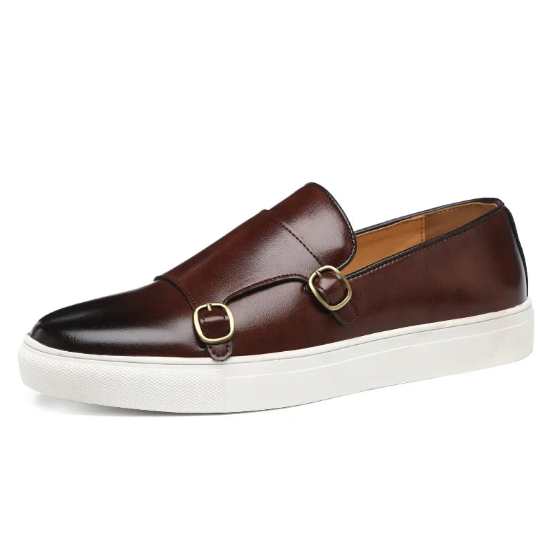 Fashion Man Casual Shoes Leather Men's Retro British Style Loafers Slip-on Outdoor Flats Double Monk Business Daily Shoe - Sun Studio