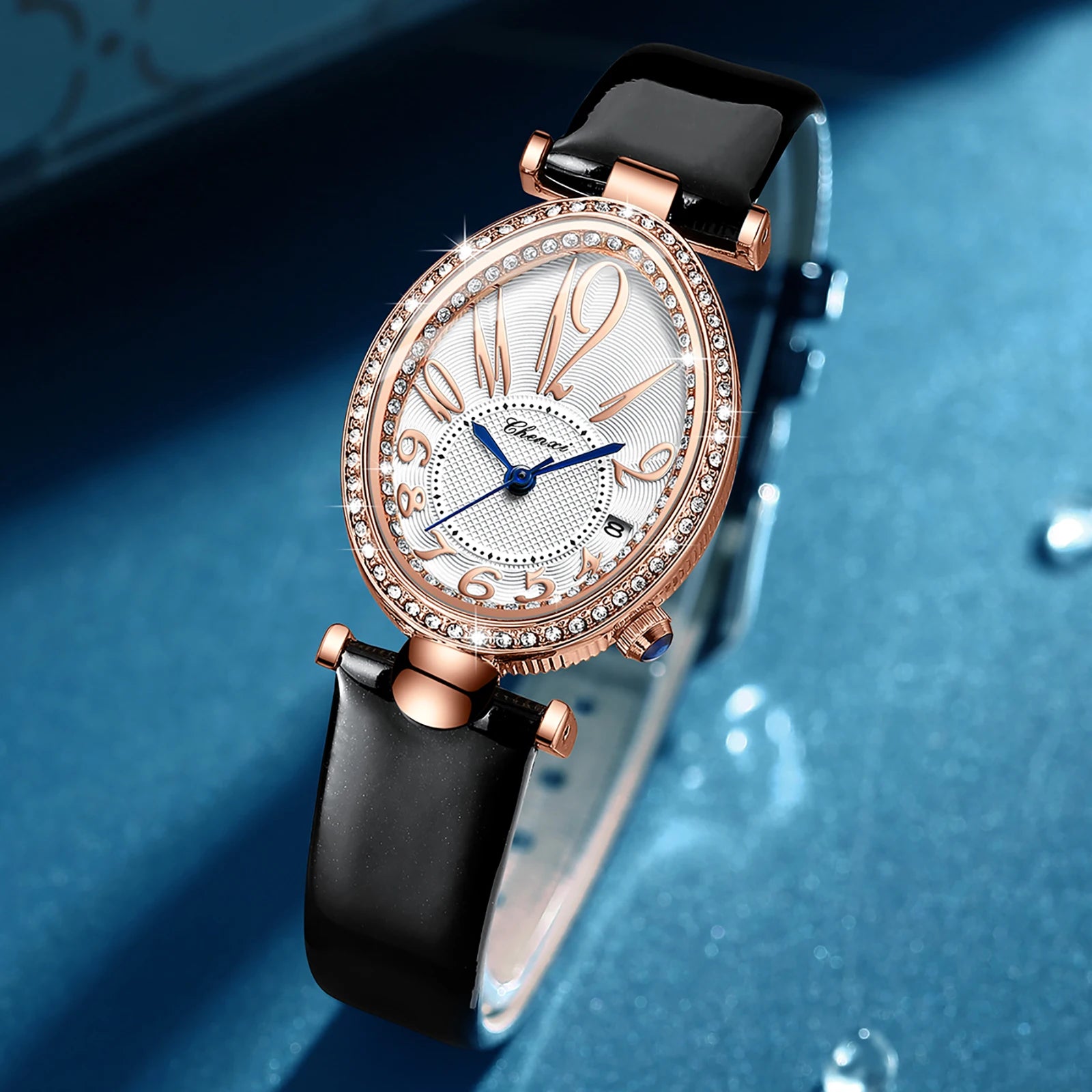 Luxury Watch For Women Diamond Waterproof Quartz Ladies Watches Fashion Elegant Oval Calendar Wristwatche Leather Strap - Sun Studio