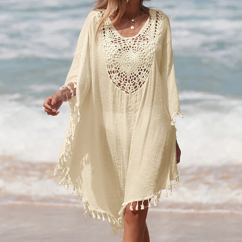 Women's Handmade Crochet Splicing Swimsuit Cover-Ups With Tassel Summer Holiday Beach Casual Loose Sunscreen Short Dress - Sun Studio