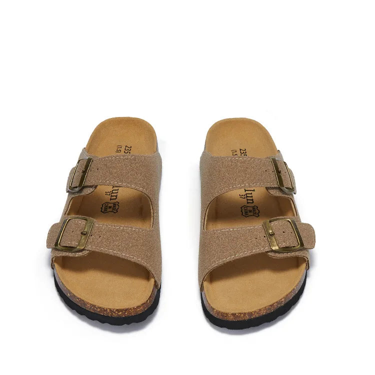 Summer Faux Suede Leather Cork Slippers Flip-flops Women Men Unisex Retro Wear Muller Slippers Fashion Casual Beach Sandals