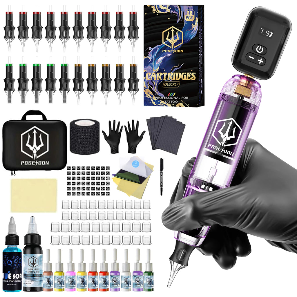Tattoo Kit POSEIDON V5 20 Tattoo Needles Tattoo Pen Kit For Permanent Makeup Tattoo Machine Kit Purple Tattoo Gun Kit - Sun Studio