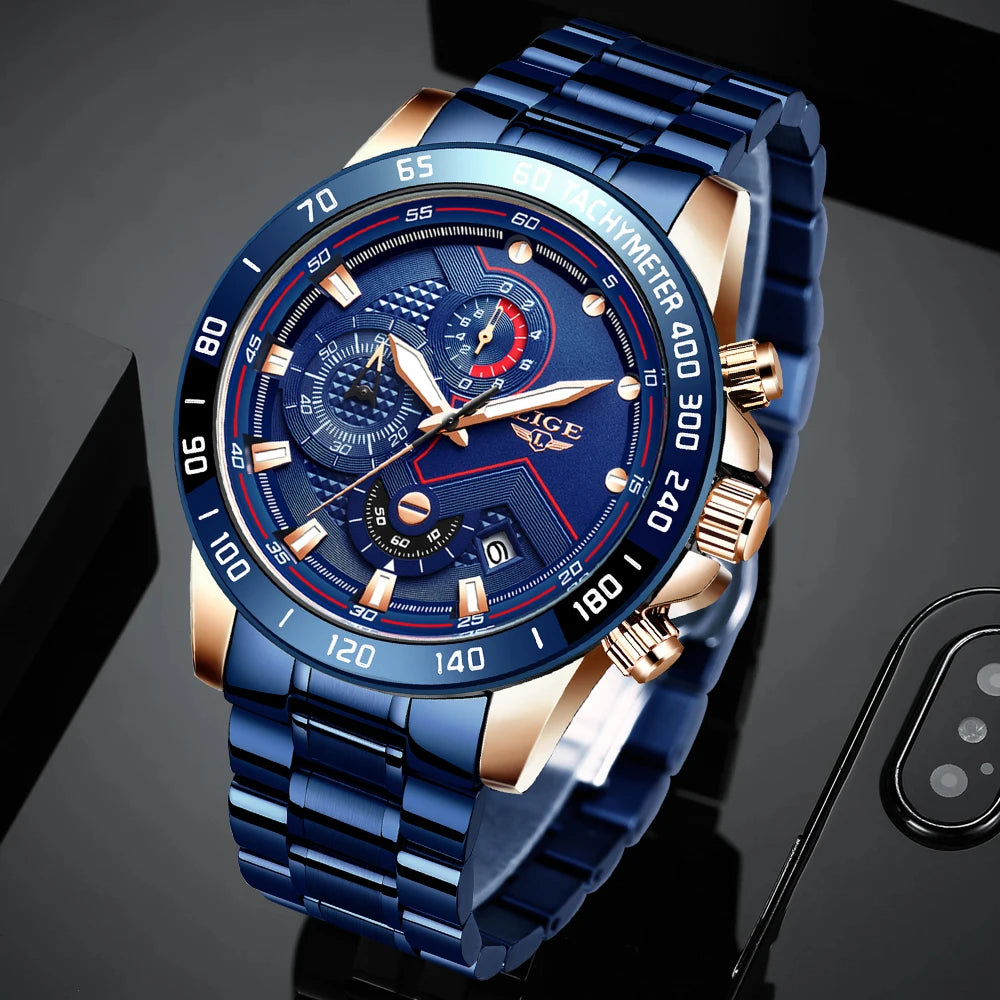 LIGE Business Men Watch Luxury Brand Stainless Steel Wrist Watch Chronograph Army Military Quartz Watches Relogio Masculino+BOX - Sun Studio