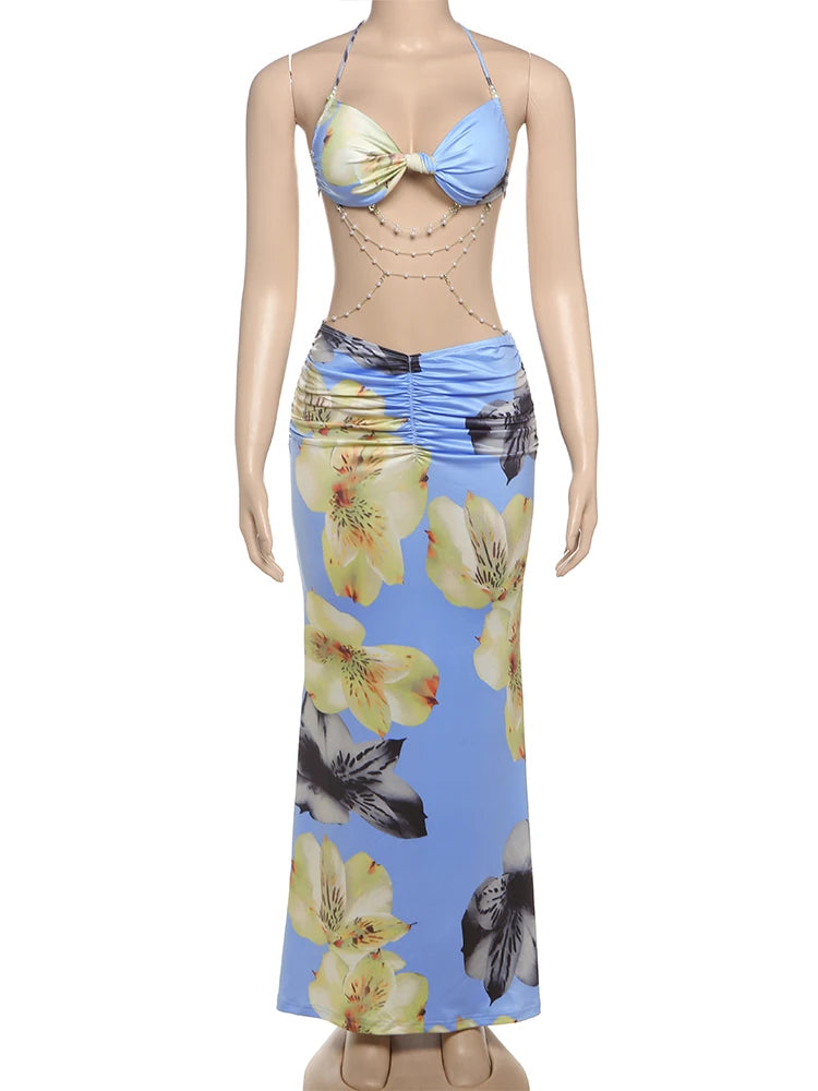 kliou Pearl Splice Stunning Dresses Women Sexy Tie Dye Tassel Bandage Hollow Shirring Maxi Bodycon Lady Vacation Party Vestidos - Sun Studio