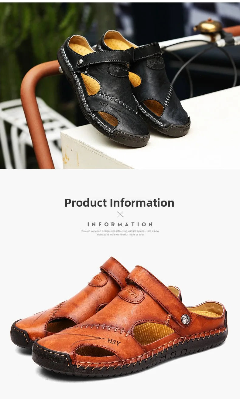 Large Size Men's Sandals Casual Leather Beach Shoes Breathable Slip-On Durable Stitched Construction Comfortable Walking Sandals - Sun Studio