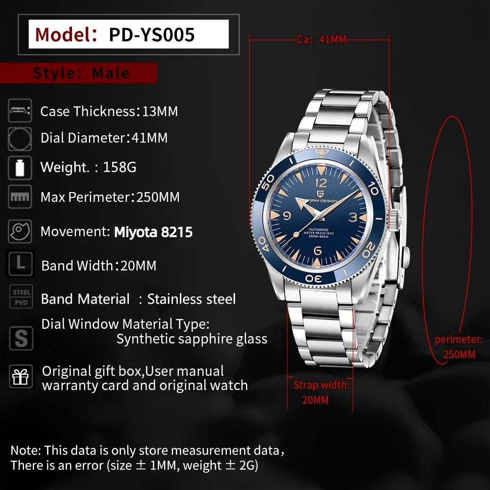 2026 New PAGANI Design 41mm Men's Automatic Mechanical Watch Classic Retro 200m Waterproof Business Sports Watches Reloj Hombre - Sun Studio