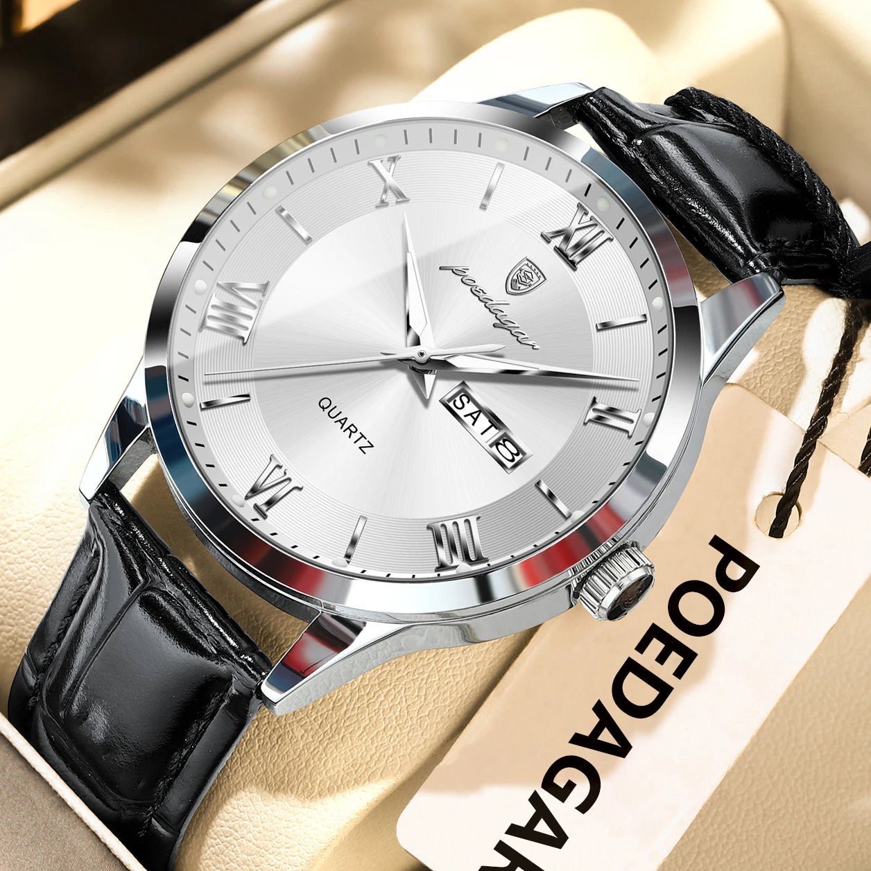 POEDAGAR Classic Luxury Men's Wristwatch Date Week Leather Business Man Watch Waterproof Luminous Fashion Quartz Watches For Men - Sun Studio