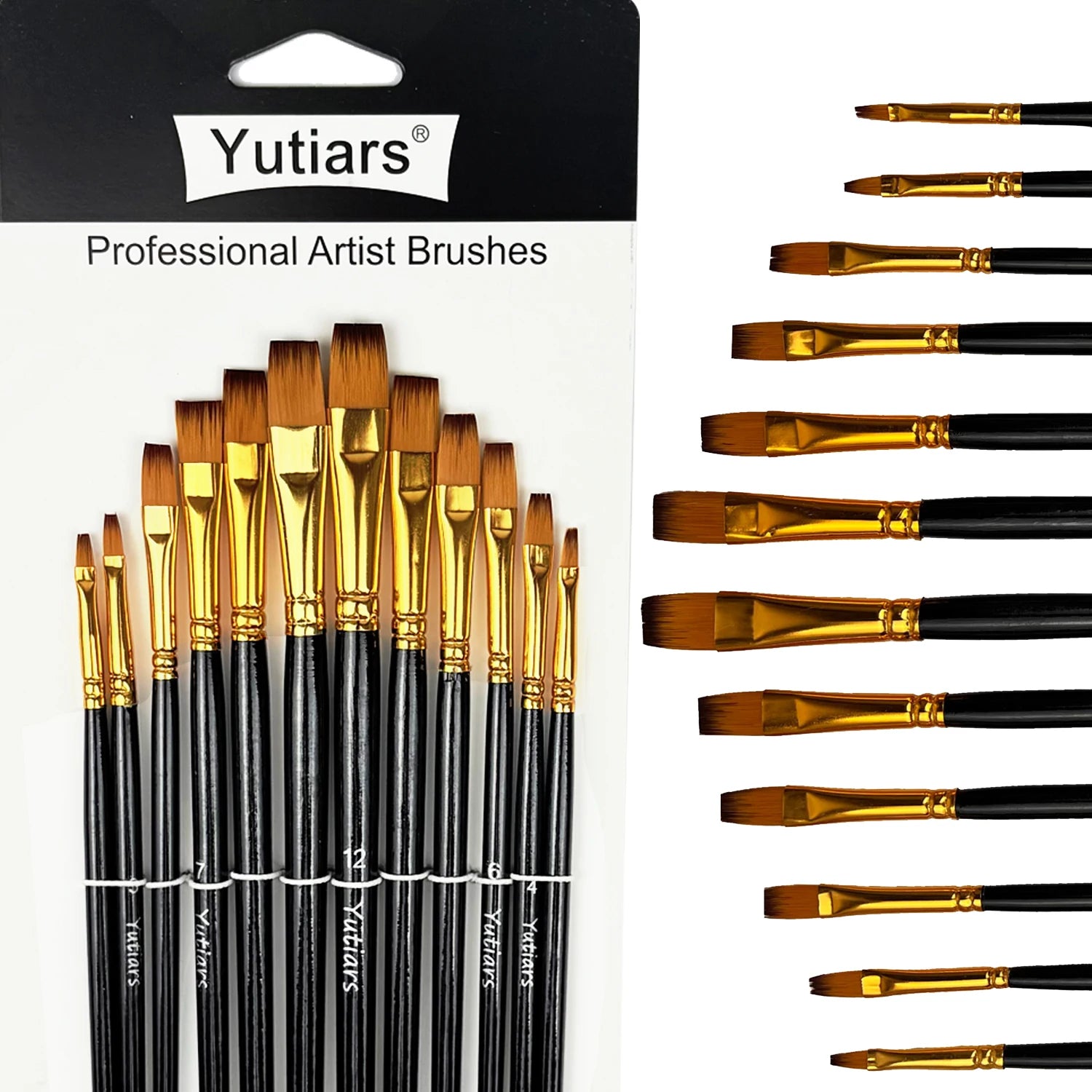 12pcs Flat Paint Brushes Set, Synthetic Nylon Bristles, Professional Artist Brushes for Oil, Acrylic, Watercolor Painting - Sun Studio