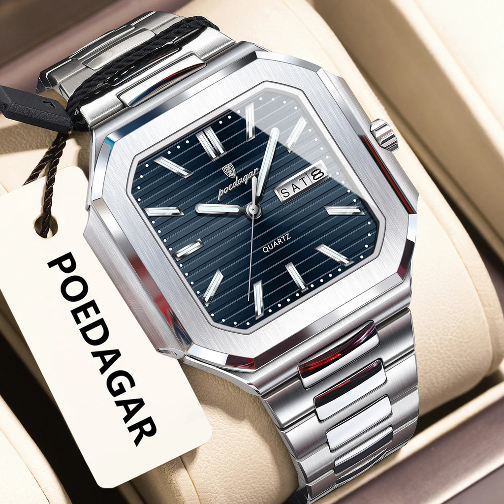 POEDAGAR Square Fashion Man Wristwatch Waterproof Luminous Date Week Quartz Men's Watches Stainless Steel Luxury Men Watch Reloj - Sun Studio