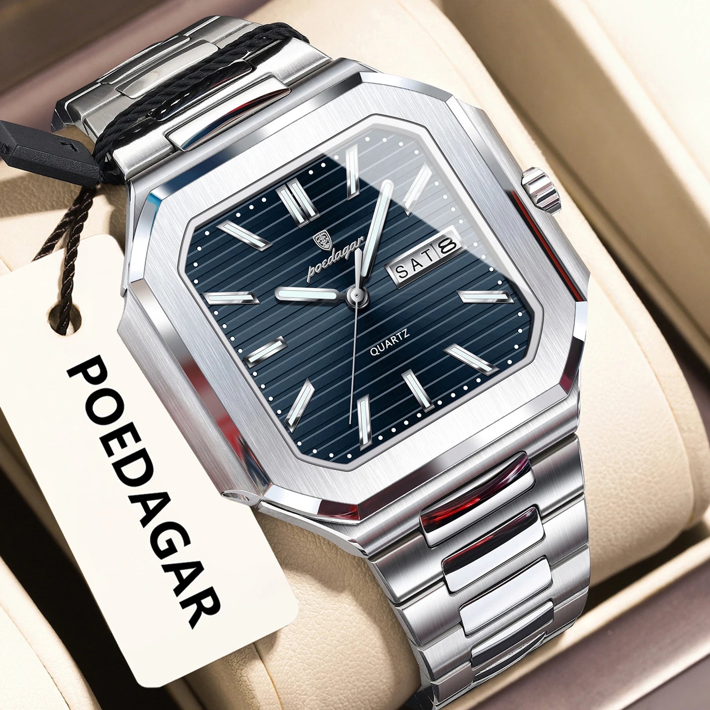 POEDAGAR Square Fashion Man Wristwatch Waterproof Luminous Date Week Quartz Men's Watches Stainless Steel Luxury Men Watch Reloj - Sun Studio