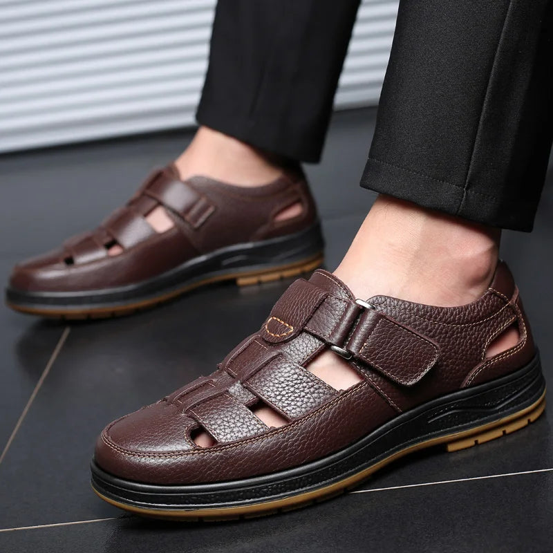 Classic High Quality Leather Business Sandals Summer Outdoor Hiking Shoes Handmade Sandals Fashion Comfortable Men Beach Shoes - Sun Studio