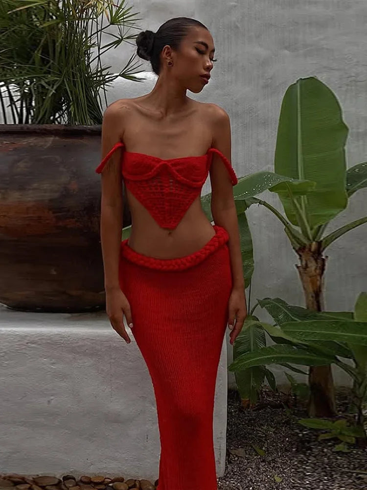 Halter Knitted Vest Bikini Top Split Fishtail Skirt Set Crochet Hollow Out Beach Swimsuit Sexy Backless Suspender Long Skirts - Sun Studio