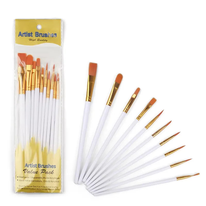 10-Piece Artist Paint Brush Set - Nylon Bristle Brushes for Watercolor/Acrylic/Oil Painting (Value Pack) - Sun Studio