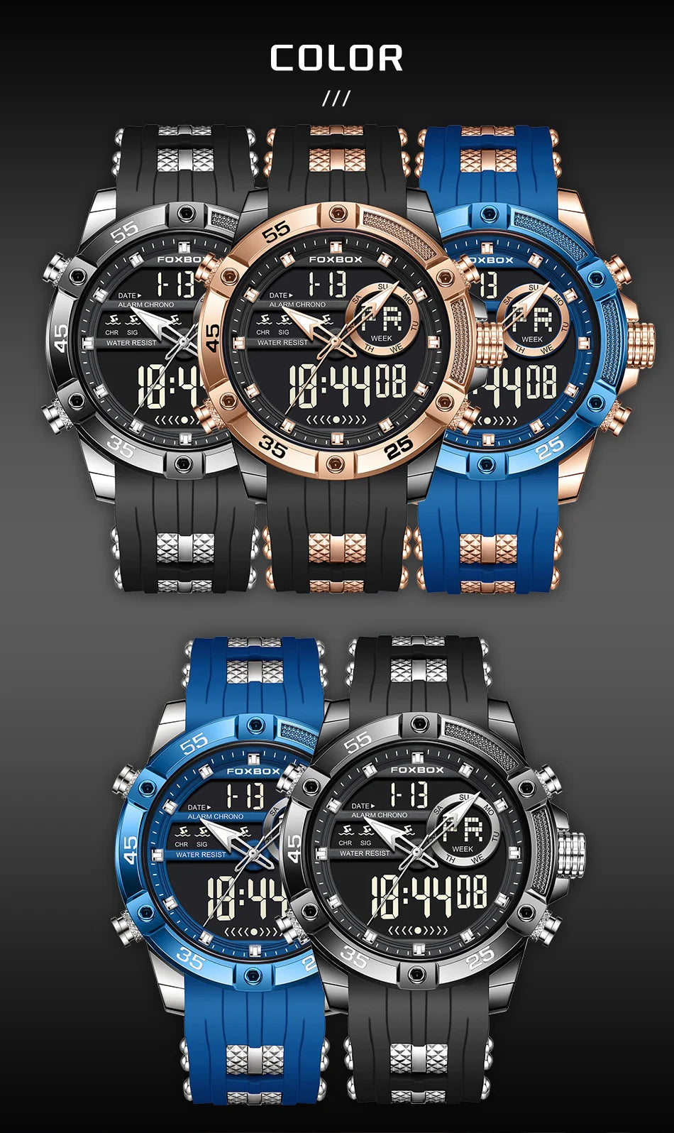 FOXBOX LED Dual Display Quartz Watch Soft Silicone Waterproof Luminous Digital Date Mens Watches Fashion Chronograph Man Watch - Sun Studio