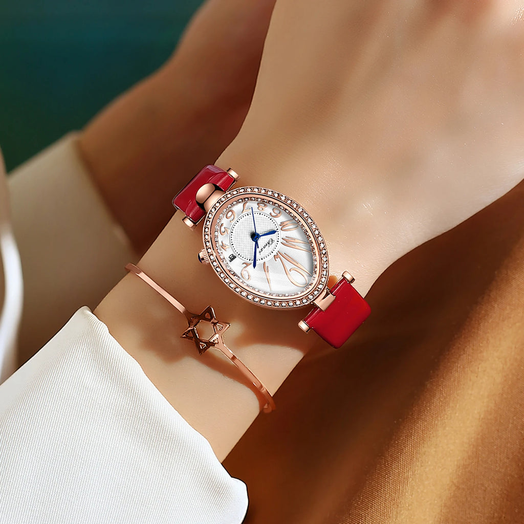 Luxury Watch For Women Diamond Waterproof Quartz Ladies Watches Fashion Elegant Oval Calendar Wristwatche Leather Strap - Sun Studio