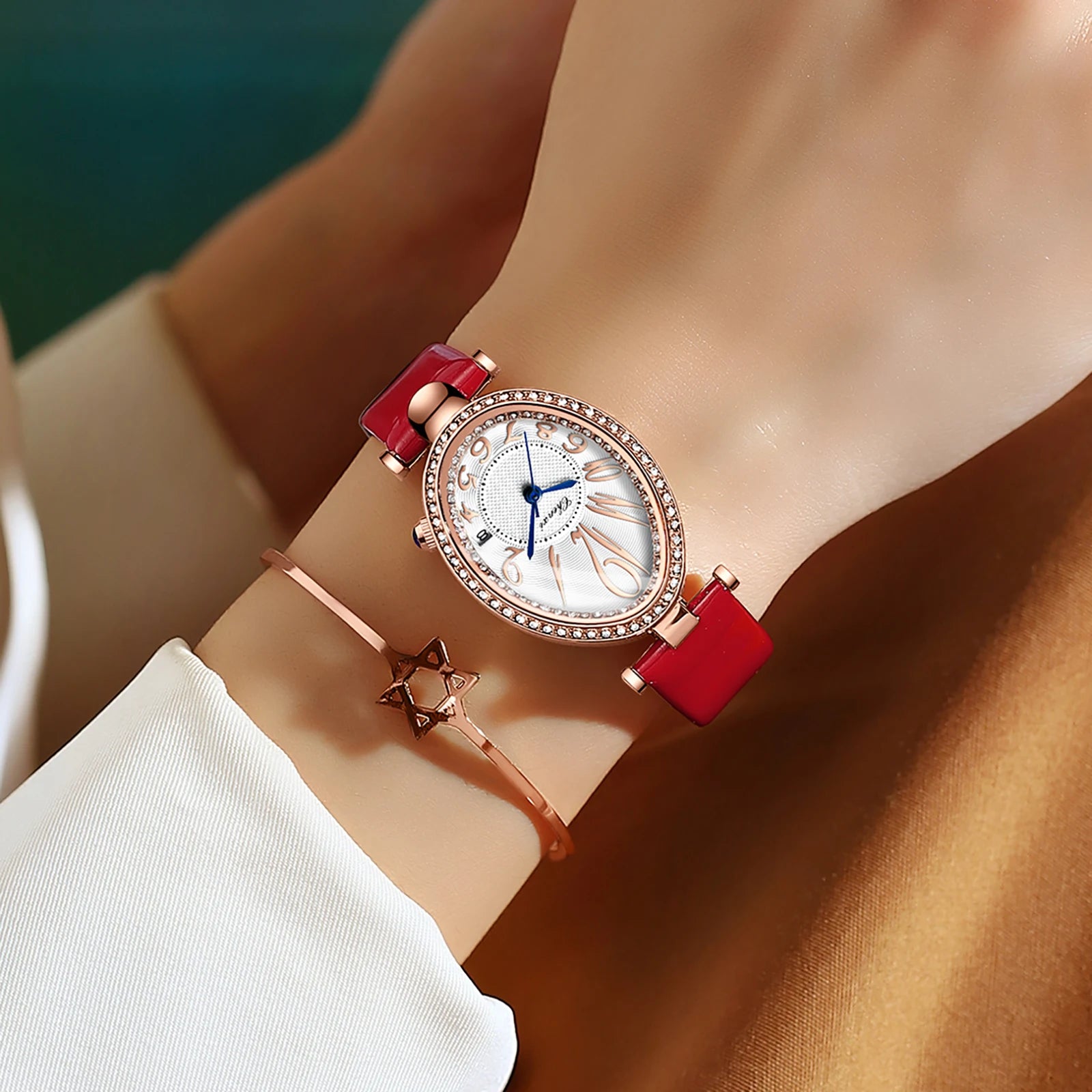 Luxury Watch For Women Diamond Waterproof Quartz Ladies Watches Fashion Elegant Oval Calendar Wristwatche Leather Strap - Sun Studio