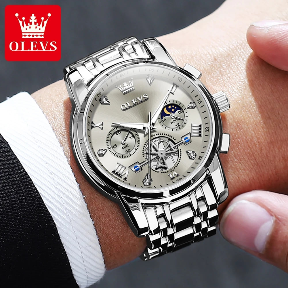 OLEVS Men's Watches Classic Multifunctional Flywheel Design Stainless steel Waterproof Moon Phase Men's Wristwatches 2024 Trend - Sun Studio