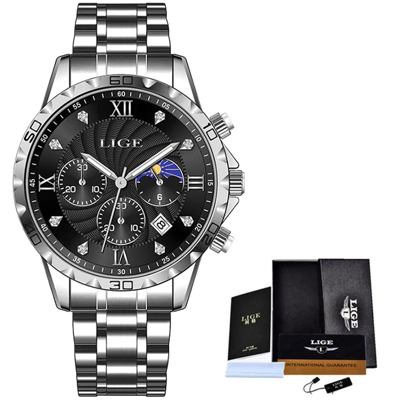 LIGE New Quartz Watches for Men Top Brand Luxury Leather Fashion Military Watch Men Sport Waterproof Chronograph Montre Homme - Sun Studio