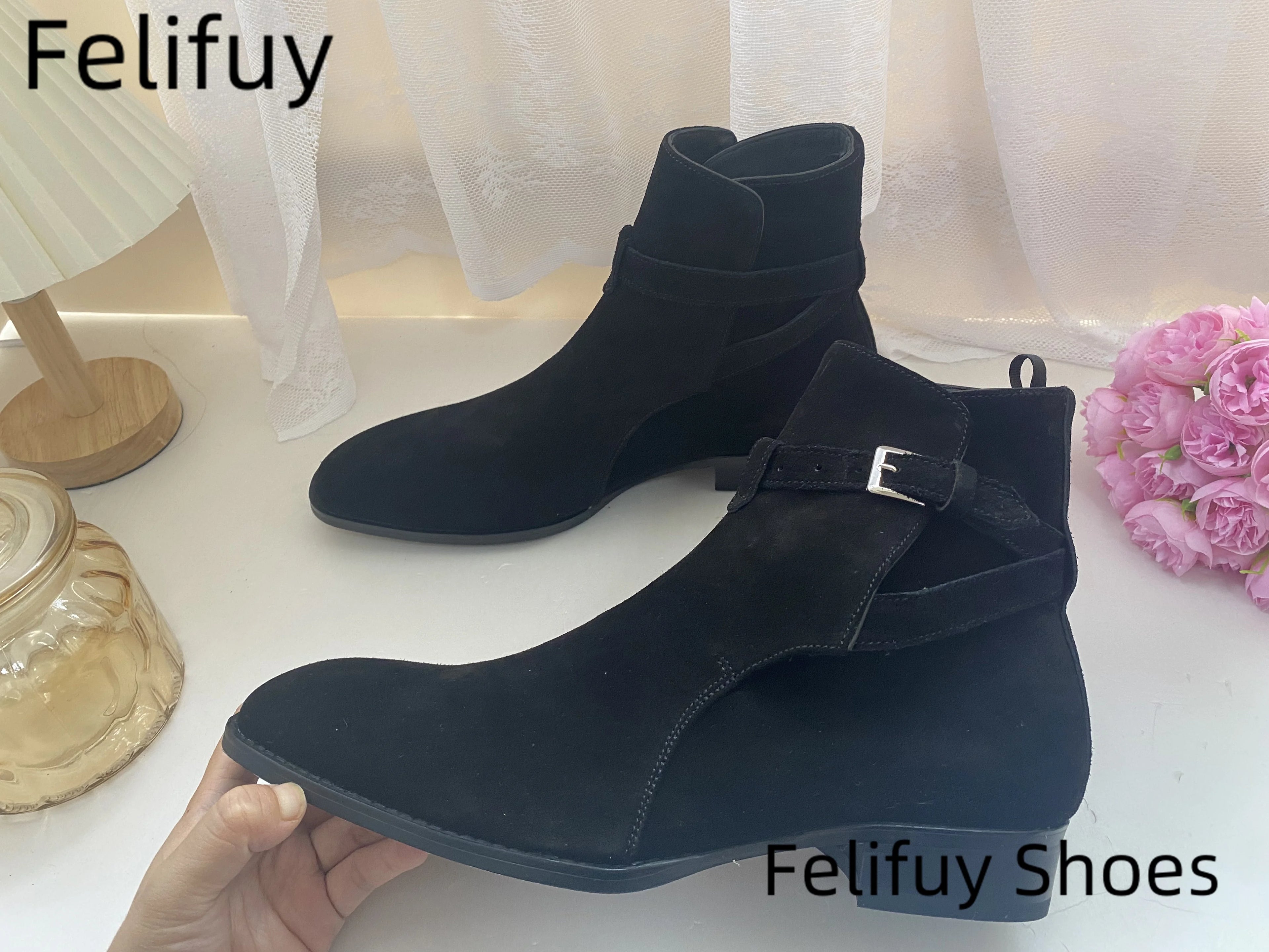 Black Pointed Toe Buckle Strap Ankle Boots Grey Men Hombre Genuine Leather Men Motorcycle Boots For Men Work High Top Men Shoes - Sun Studio