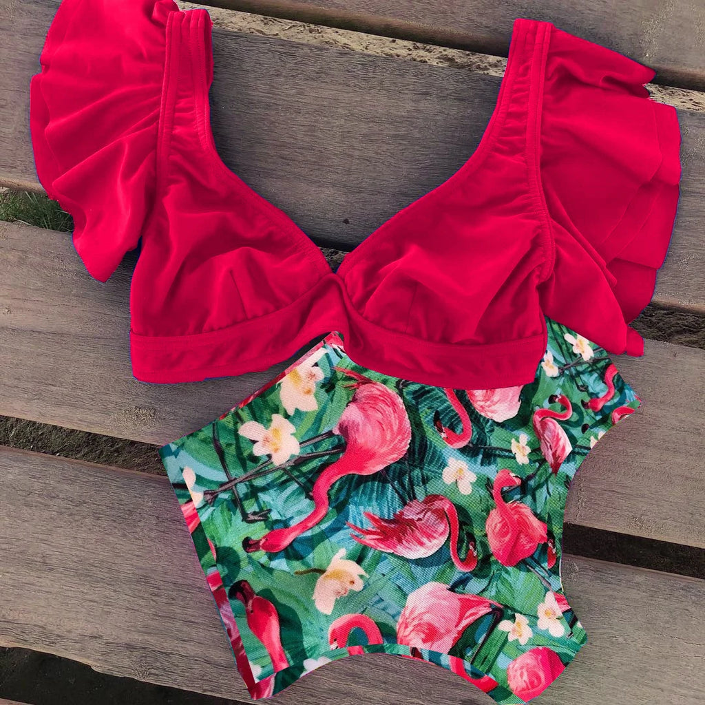 Floral Ruffled Hem Bikini Set Women Flora V-neck High-waisted Two Piece Swimsuit 2025 Girl Beach Bathing Suit Swimwear Biquinis - Sun Studio