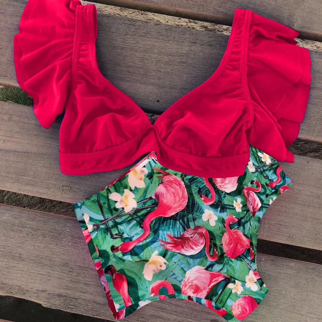 Floral Ruffled Hem Bikini Set Women Flora V-neck High-waisted Two Piece Swimsuit 2025 Girl Beach Bathing Suit Swimwear Biquinis - Sun Studio