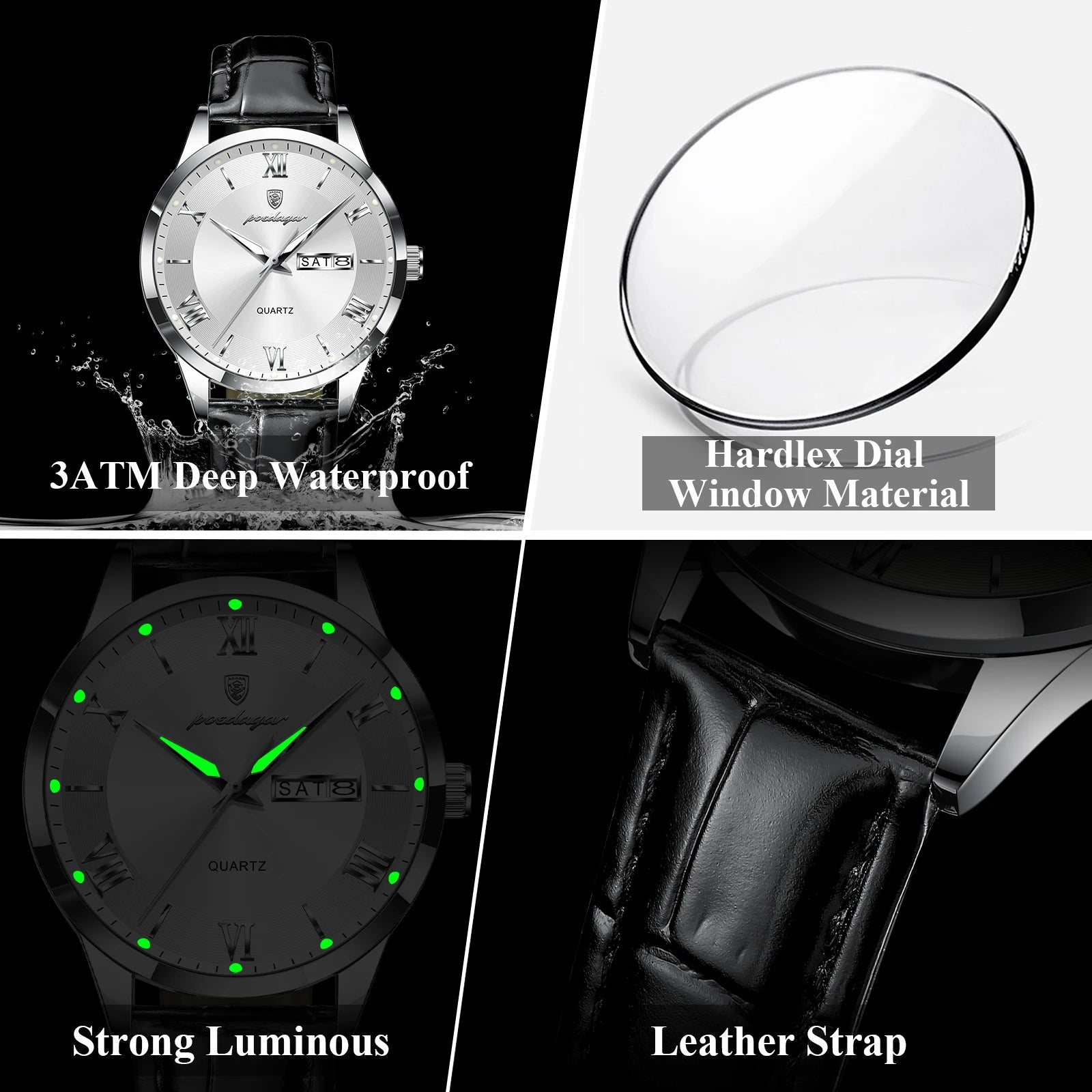 POEDAGAR Classic Luxury Men's Wristwatch Date Week Leather Business Man Watch Waterproof Luminous Fashion Quartz Watches For Men - Sun Studio