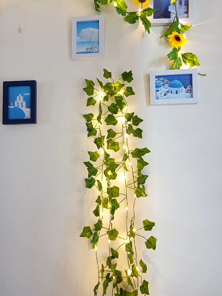 12/10/2m Fake Green Leaf Ivy Vine with LED Lights Home Bedroom Decor Wedding Glowing Artifical Plant Garland Home Decor - Sun Studio