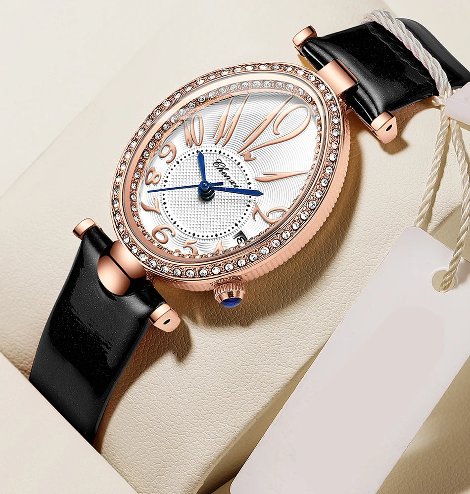 Luxury Watch For Women Diamond Waterproof Quartz Ladies Watches Fashion Elegant Oval Calendar Wristwatche Leather Strap - Sun Studio