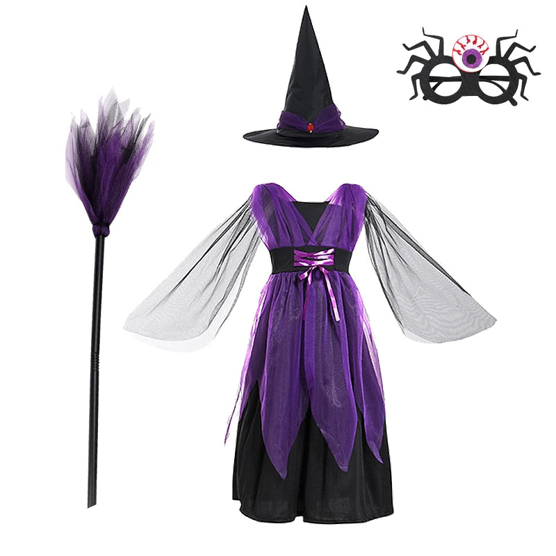 2-15Y Girls Halloween Witch Costume Children Cosplay Vampire Bat Dresses Carnival Party Clothes Children's Halloween Gifts - Sun Studio