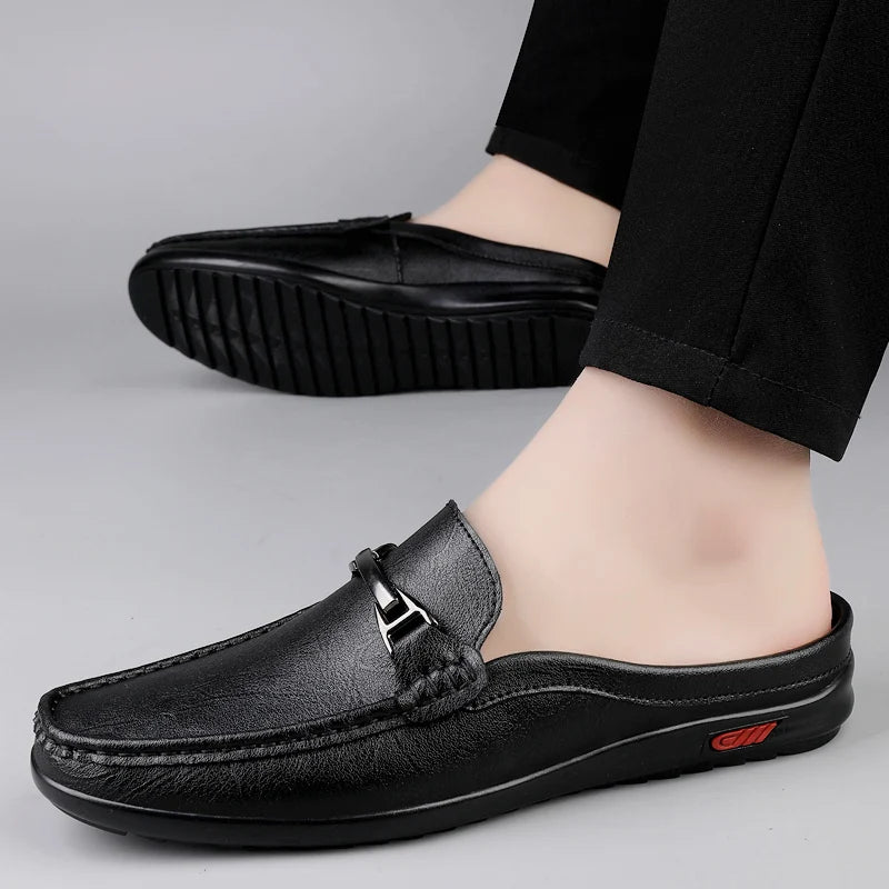 Luxury Men Genuine Leather Shoes Casual Business Men Slip-on Shoe All-Match Half Slippers Loafers Summer Handmade Flats Slippers - Sun Studio