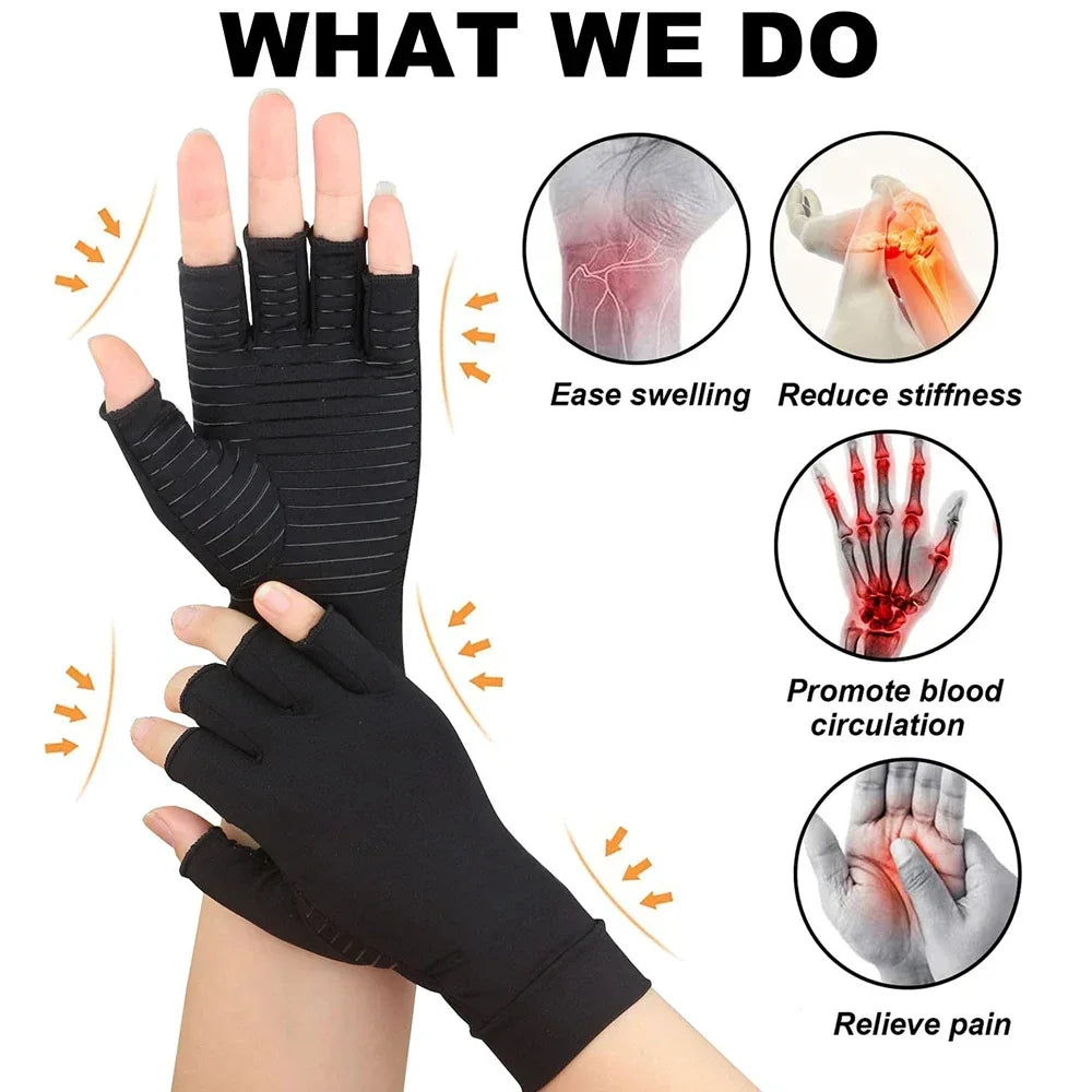 1 Pair Compression Gloves Hand Copper Arthritis Gloves Joint Pain Relief Half Finger Anti-slip Therapy Gloves For Womens Mens - Sun Studio