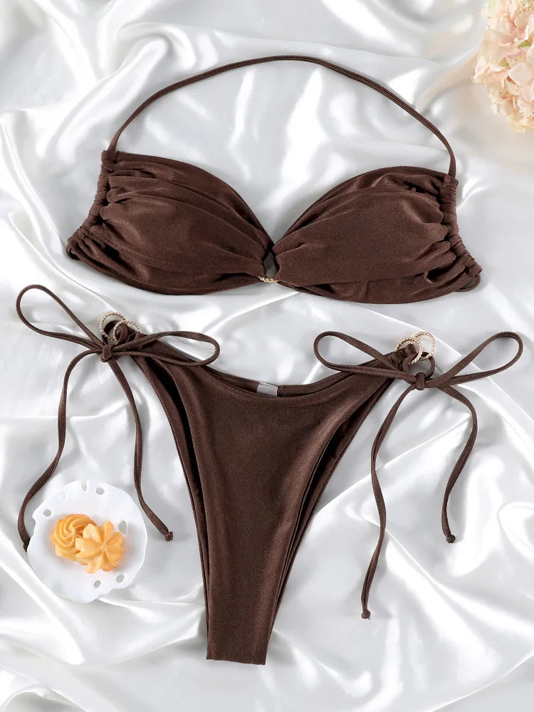 Halter Bikinis Sexy Swimsuit Women Solid Color Swimwear Hollow Out Bikini Set Two Piece Suit Summer Bathing Suits - Sun Studio