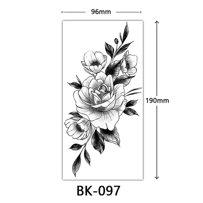 Rose Blossom Tattoo Temporary Waterproof Butterfly Fake Tattoo for Woman Black Flower Sketch Tattoo Sticker