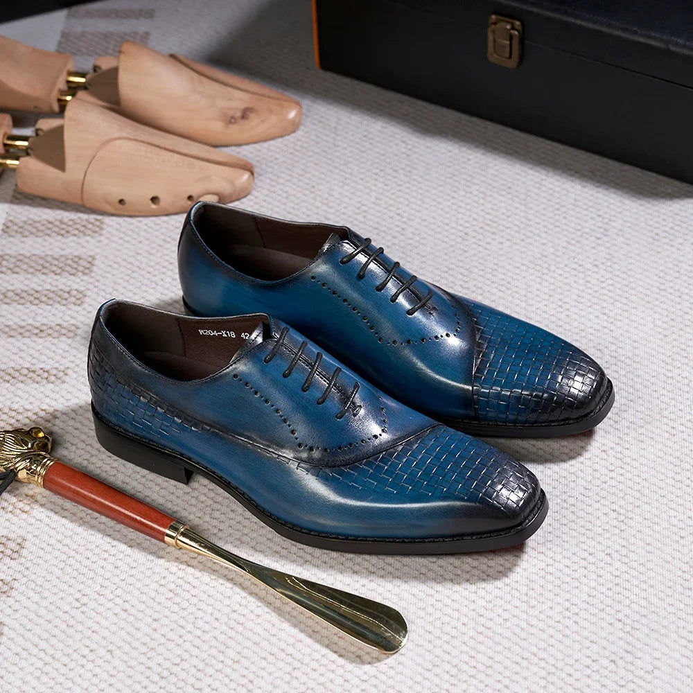 Men's Genuine Leather Oxfords Fashion Pointed Toe Wedding Party Dress Shoes Luxury Lace-Up Office Career Formal - Sun Studio