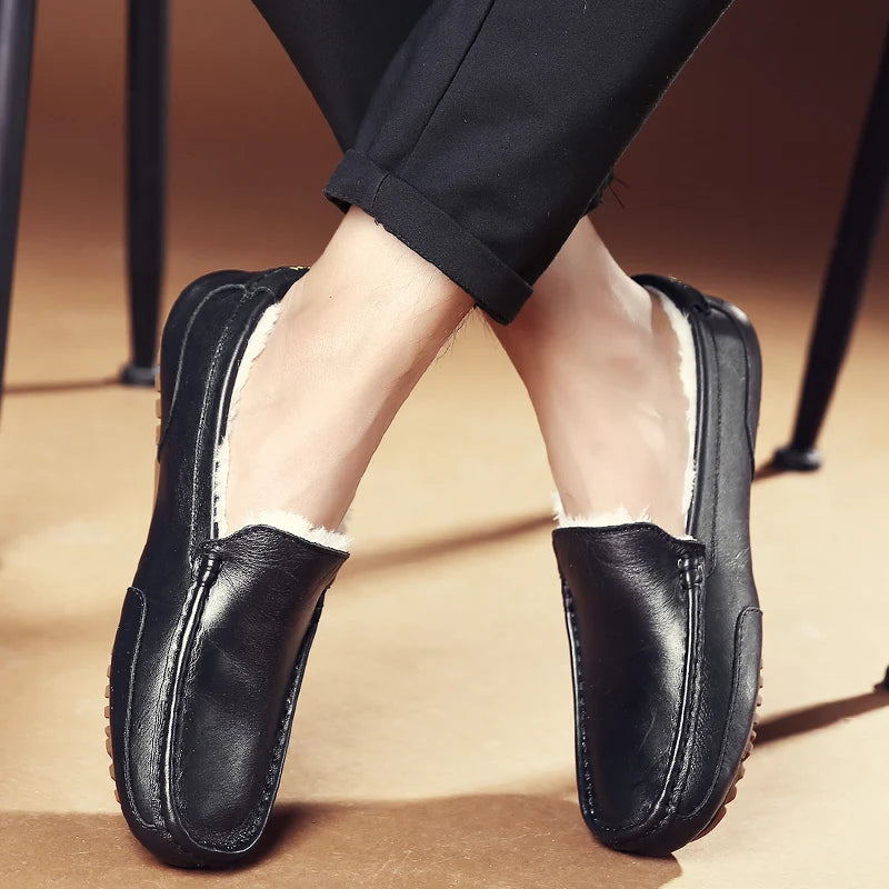 Winter Fur Loafers Men Casual Shoes Cotton Leather Dress Shoes Slip-on Flats Plush Man Moccasins Fleece Lined Driving Shoes - Sun Studio