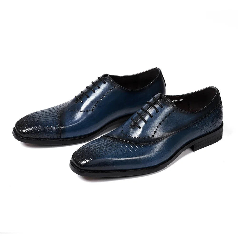 Men's Genuine Leather Oxfords Fashion Pointed Toe Wedding Party Dress Shoes Luxury Lace-Up Office Career Formal - Sun Studio