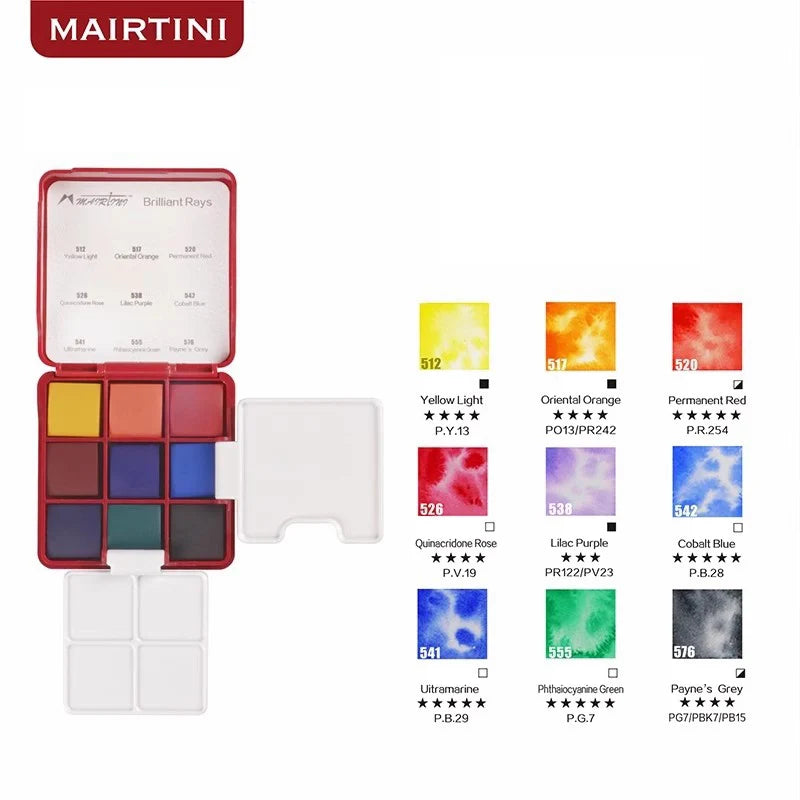 MAIRTINI Travel Watercolor Paint Set 9 Colors 100% Cotton Paper Mini Solid Water Color Paint With Palette Painting Supplies - Sun Studio