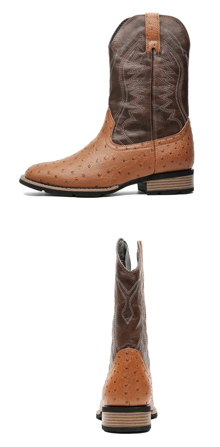 Men's Classic Retro Western Cowboy Boots Embossed Leather Mens Fashion Embroidery Mid-Calf Boot High top Casual Shoes for Men - Sun Studio