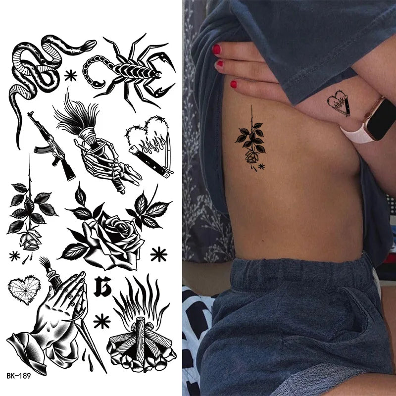 Black White Temporary Transfer Tattoos Floral Butterfly Lettering Line Art Waterproof Body Stickers for Music Festival Party