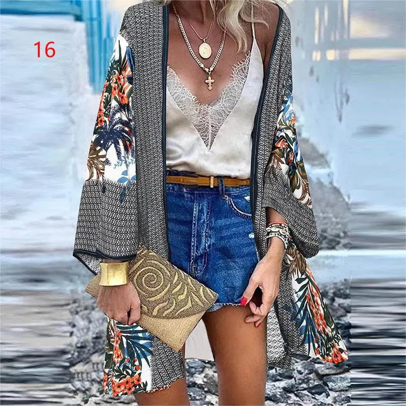 WeHello 2023 Summer Bohemian Casual Cloak Cardigan for Swimsuit woman Beach Swimwear Tops Long Sleeved Shawl Chiffon Shirt - Sun Studio