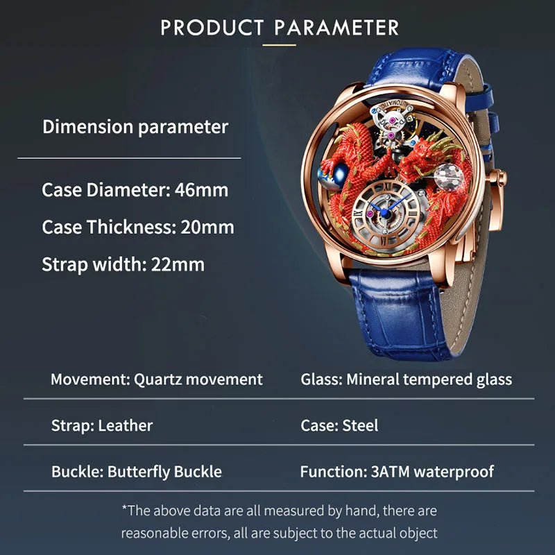 PINDU Design New 3D Dragon Earth Theme Quartz Watches Men Celestial Series Curved Mirror Transparent Design Watch Wristwatches - Sun Studio