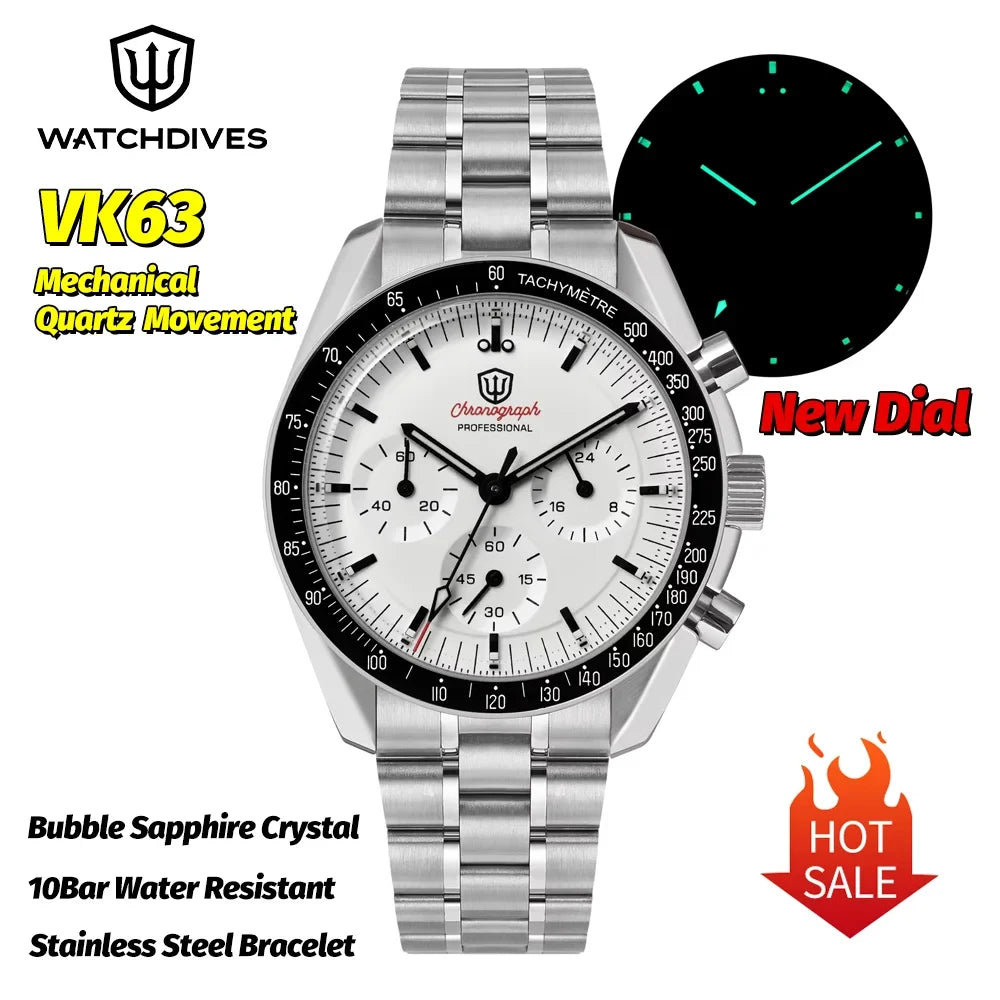 Watchdives WD1863 Sports Chronograph Watch VK63 Sweep Mechanical Quartz Watches Bubble Sapphire Mirror Waterproof 100M Men Watch - Sun Studio