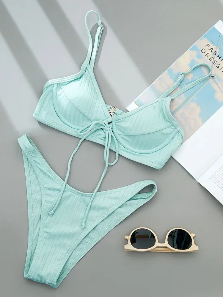 Ribbed Underwired V-Bar Bikini 2025 Women Swimsuit Female Swimwear Two Pieces Bikini Set Knotted Push Up Bathing Suit Swim Lady - Sun Studio