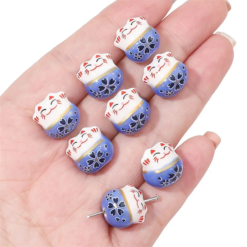 10Pcs 13X14MM Chinese Cute Animal Lucky Cat Vertical Hole Ceramic Beads For Home Decor DIY Accessories Hand-knitted Bracelet - Sun Studio