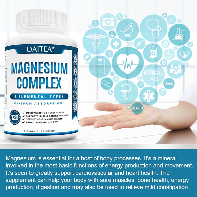 Magnesium Complex Supplement - for Supporting Muscles, Nerves, Heart and Bones, High Absorption Vegetarian Capsules - Sun Studio