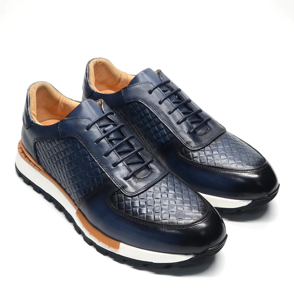 4 Colors Genuine Leather Man Luxury Sneakers Plaid Weave Pattern Lace-up Men Casual White Oxford Shoes Deals Spring Autumn 2024 - Sun Studio